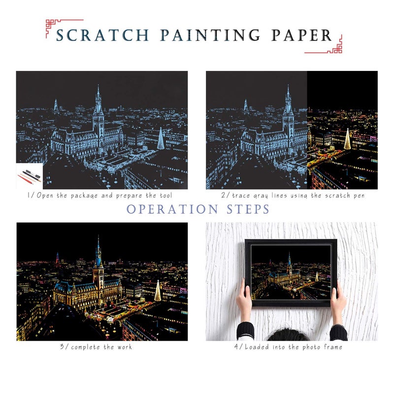 BOTEEN Scratch Rainbow Painting Art Paper,Scratch & Sketch Art for Adults,Scratch Painting Creative Gift Engraving Art & Craft Set,Sketch Pad DIY Scratchboard with 4 Tools,16''x11''(German Series) - Image 2